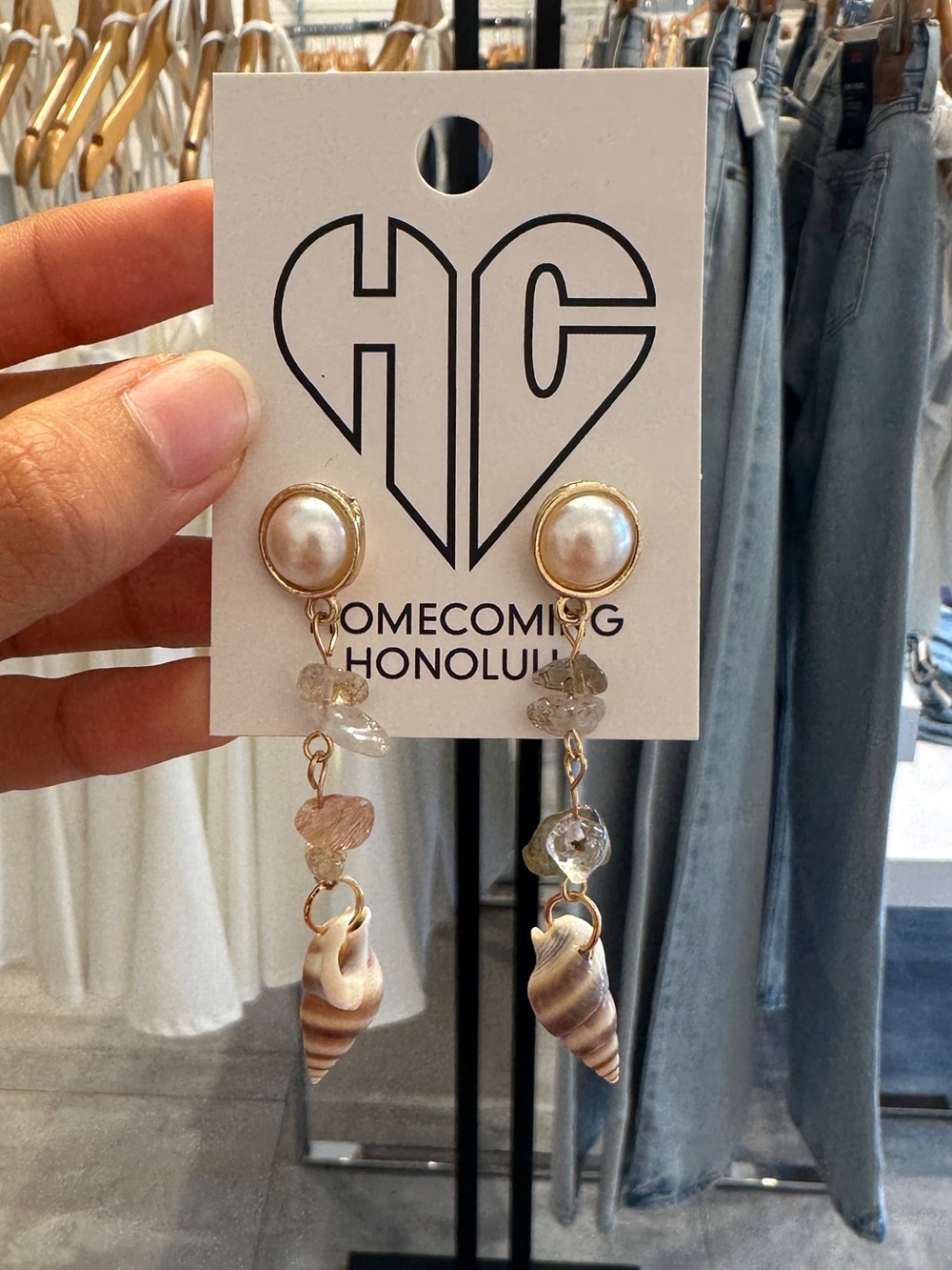 Pearl & Shell Drop Earrings in Gold and Cream